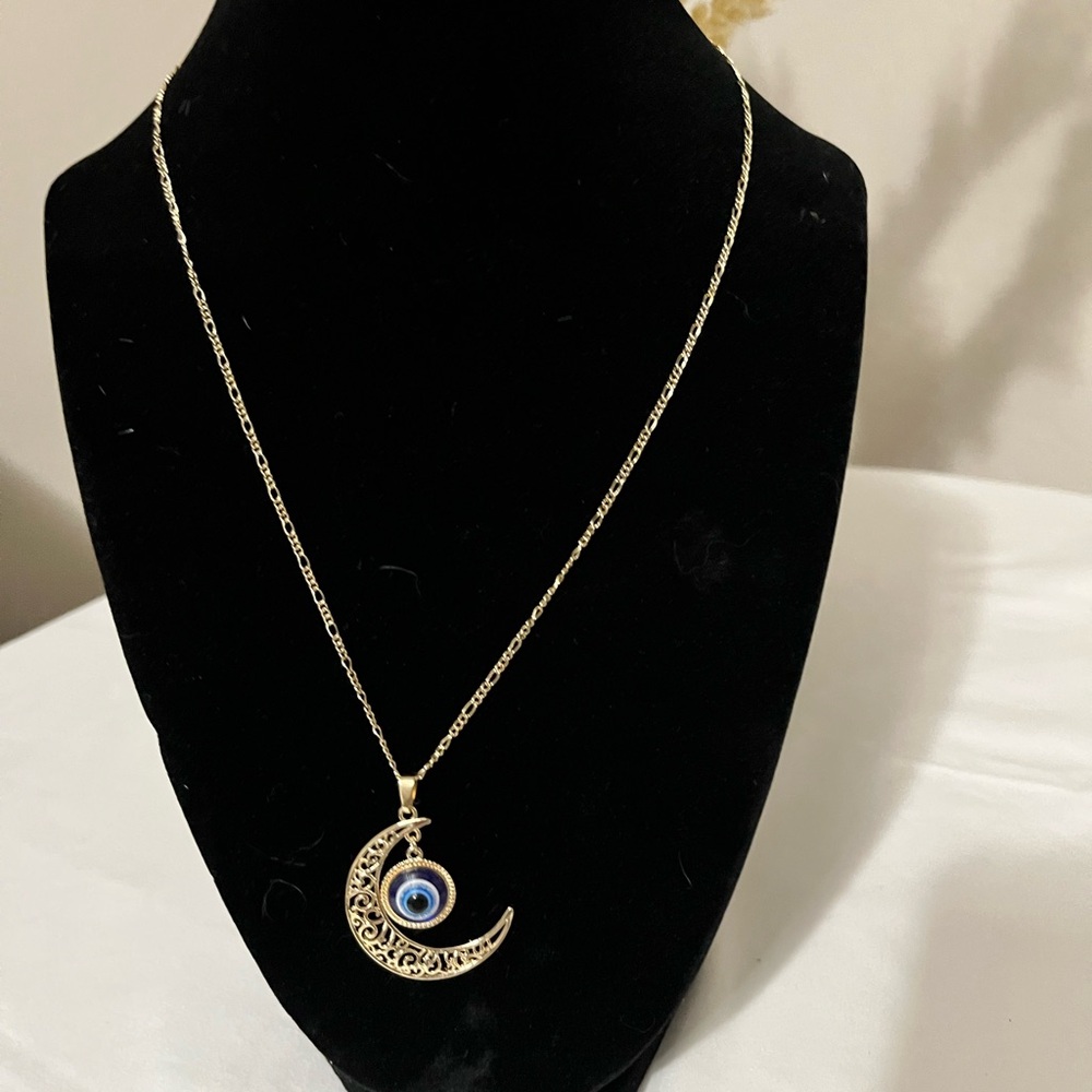 Gold Crescent Moon Necklace with Blue Eye Pendant